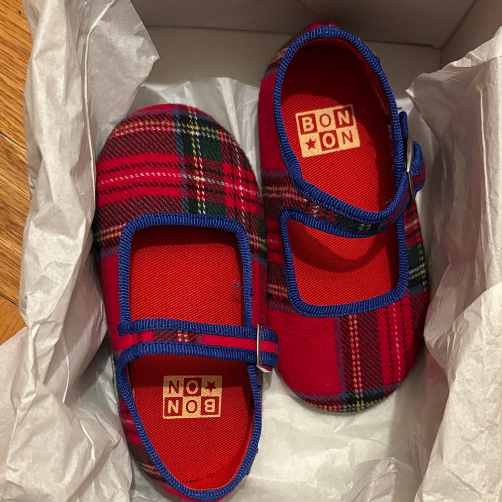 Bonton Red and Blue Plaid Kids Slippers
